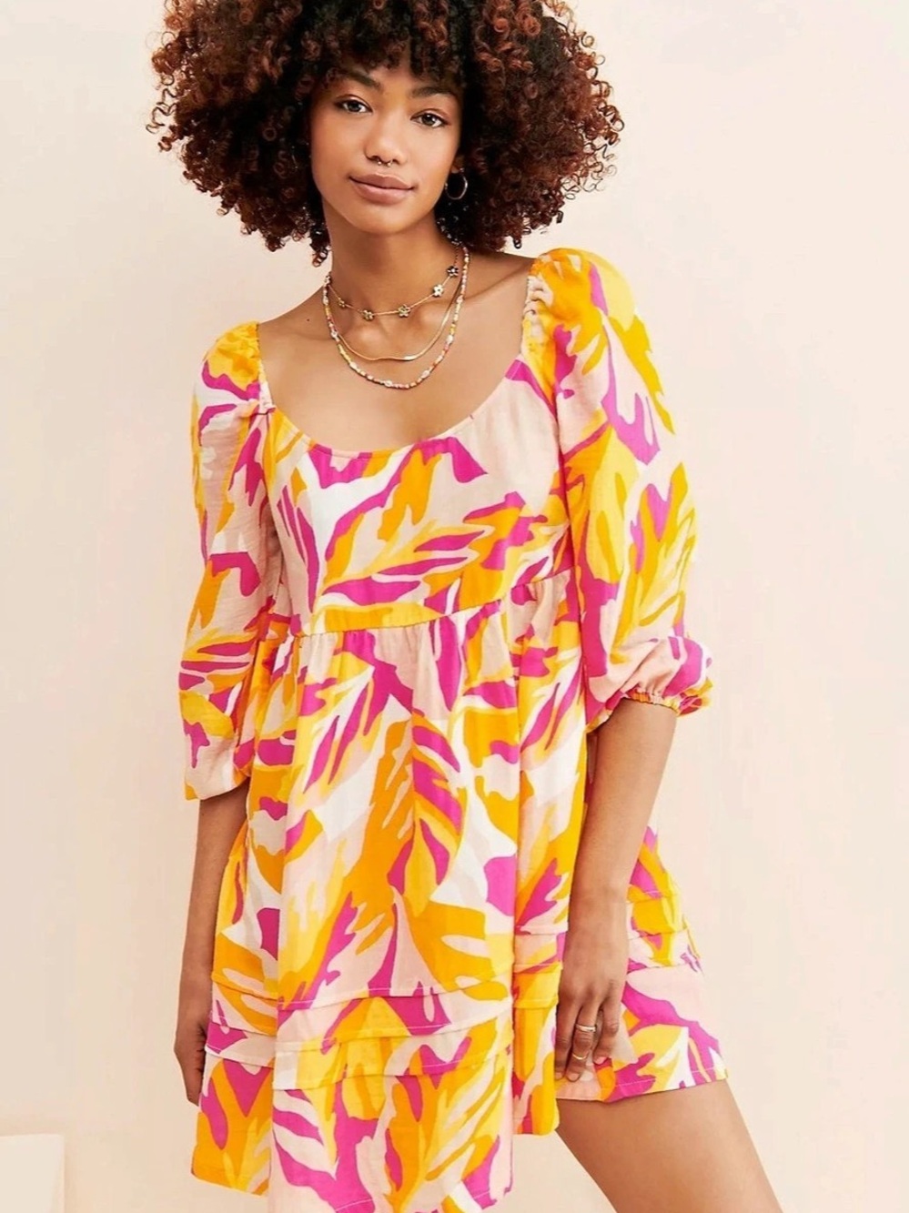 Sanctuary by Anthropologie | Tropical Print Babydoll Mini Dress Pink & Orange - Picture 2 of 3